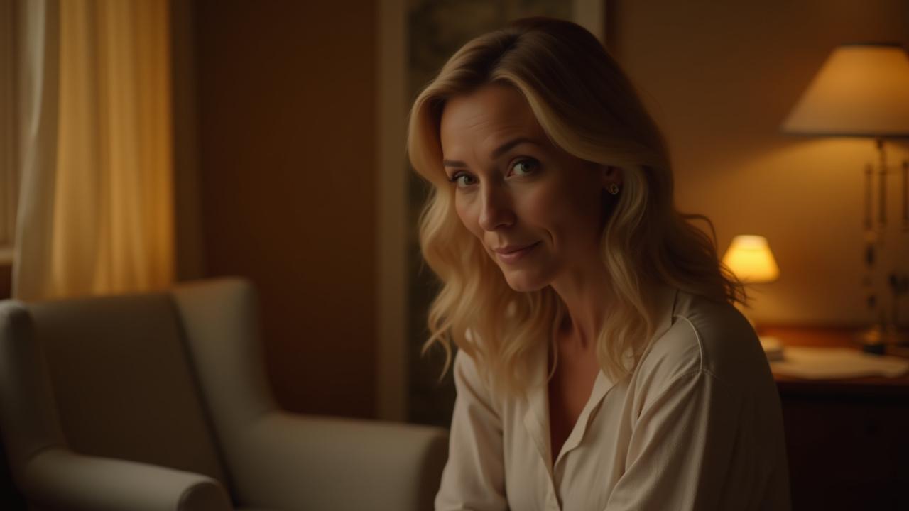 Eine Frau sitzt entspannt in einem hellen, einladenden Beratungsraum, Sternenkonstellationen deuten am Rand auf ihr Horoskop hin.