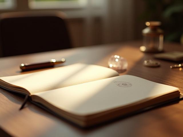 Detailansicht eines Schreibtisches mit Notizbuch, Stift und einer kleinen astrologischen Dekoration in einem ruhigen Raum